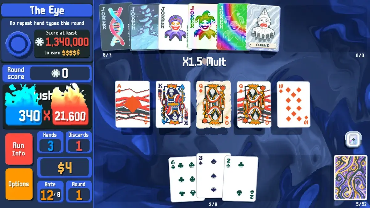 Late run showing a legendary deck configuration scoring millions of chips