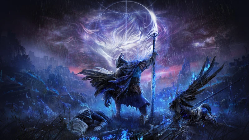 Three armored Nightfarers stand back-to-back as purple darkness surrounds them, the Nightlord's silhouette looming in the background