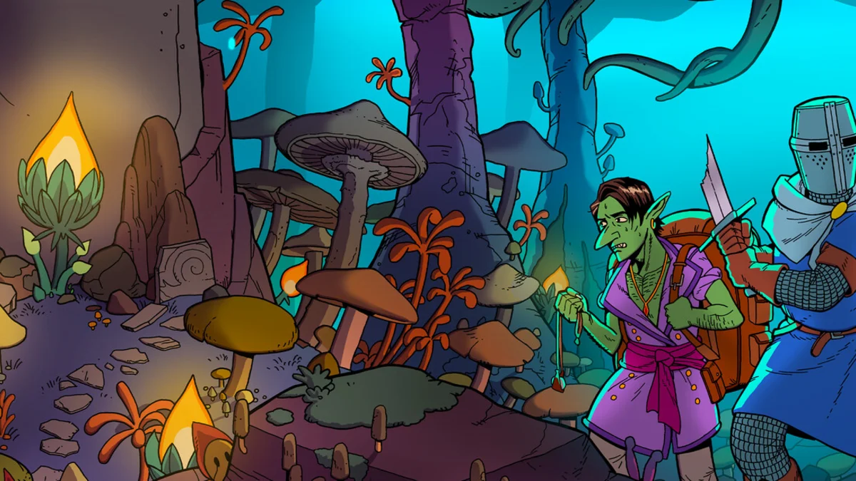 Esoteric Ebb key art showing the protagonist and goblin companion in a fantastical landscape