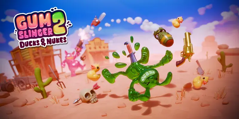 Gumslinger 2 key art with cartoon duck protagonist wielding a comically large gun