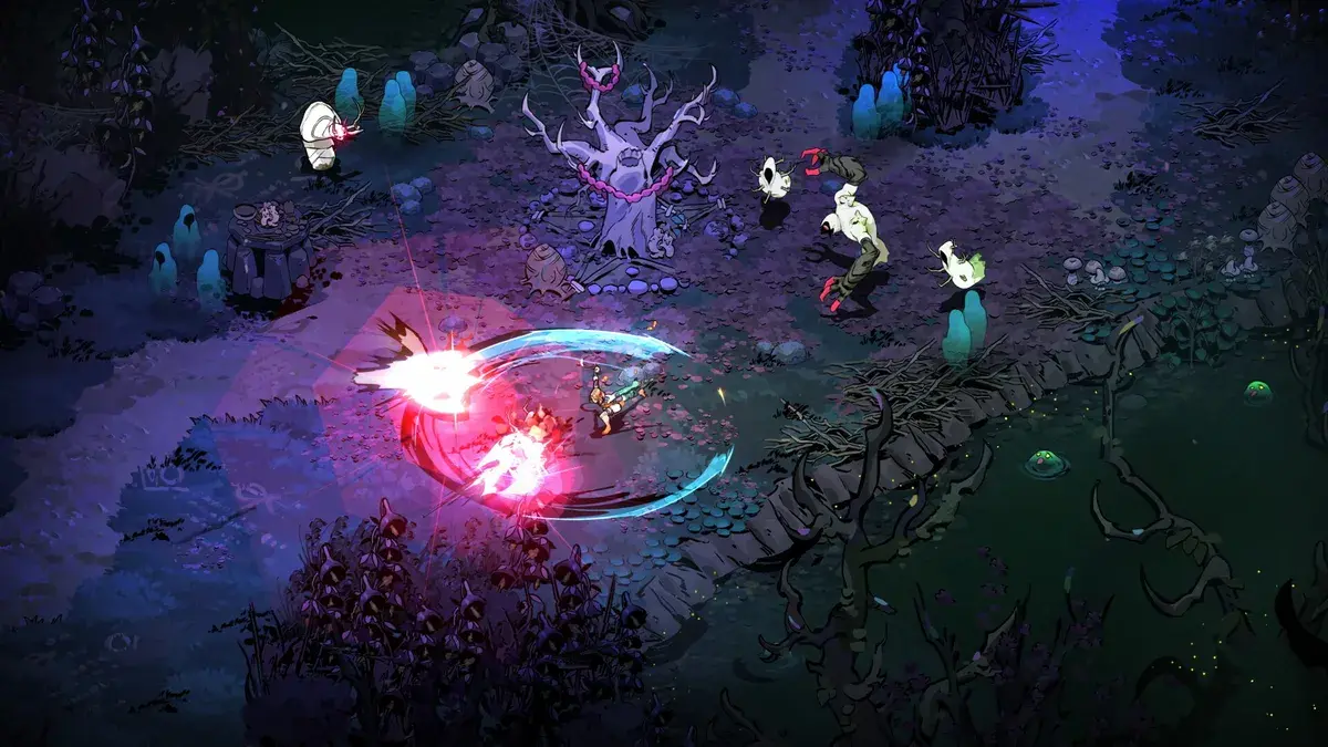 Melinoë in combat against underworld enemies with magical abilities