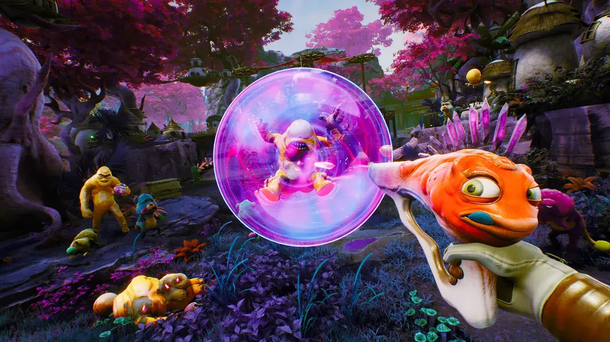 Absurd alien planet environment with surreal humor elements everywhere
