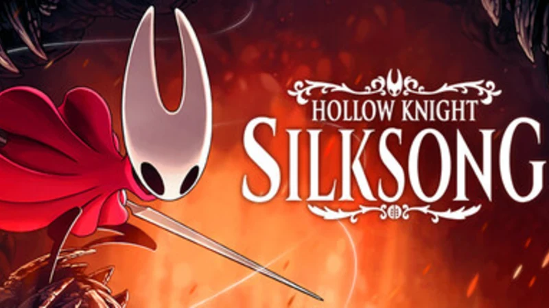 Hollow Knight Silksong key art with Hornet holding her needle before Pharloom's spire