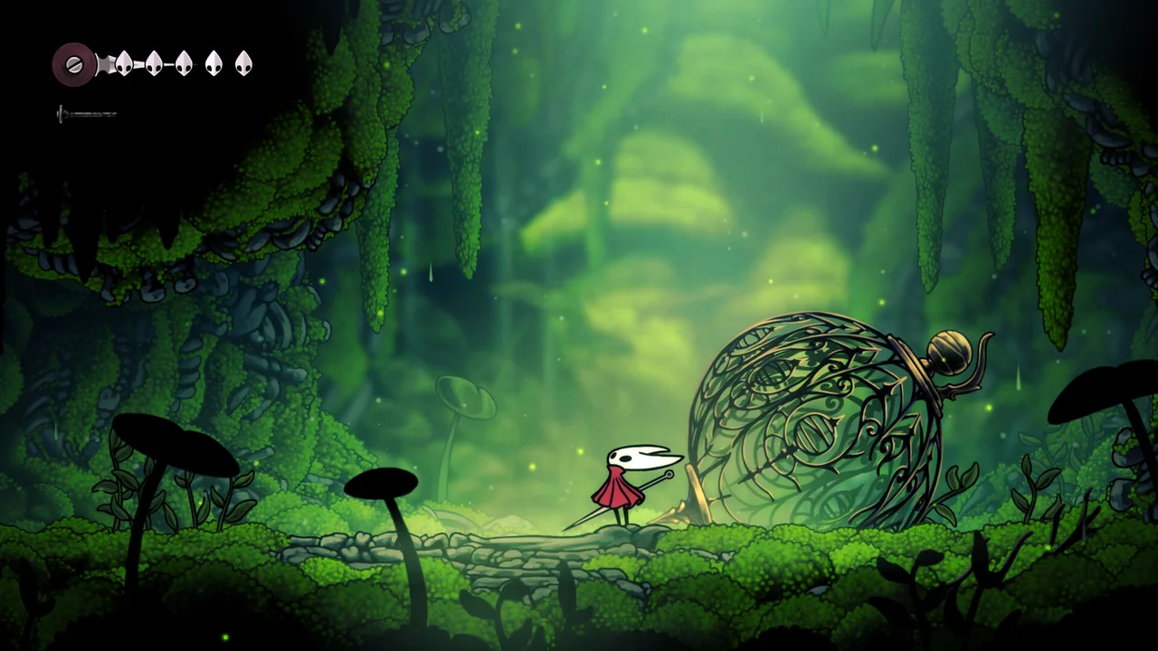 Hornet pogo-bouncing on a spiked enemy above a pit of thorns