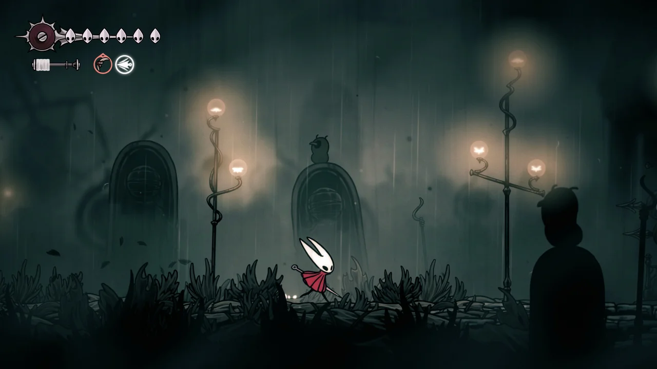 Hornet facing a towering knight boss in a silk-draped arena