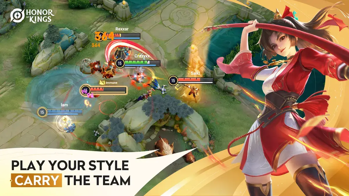 5v5 MOBA match with Angela and Hou Yi clashing at a jungle objective