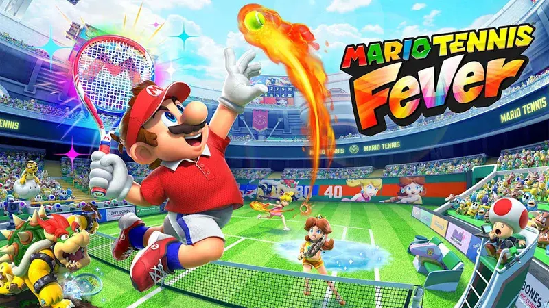 Mario Tennis Fever key art with Mario and friends on a vibrant tennis court