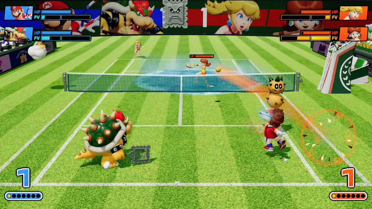 Mario and Bowser competing in a heated rally on a lava court
