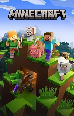 Minecraft key art with Steve and Alex in a richly detailed blocky world