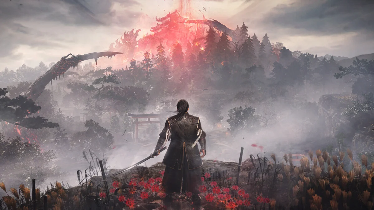 Nioh 3 key art showing a samurai-ninja warrior amid yokai spirits in feudal Japan