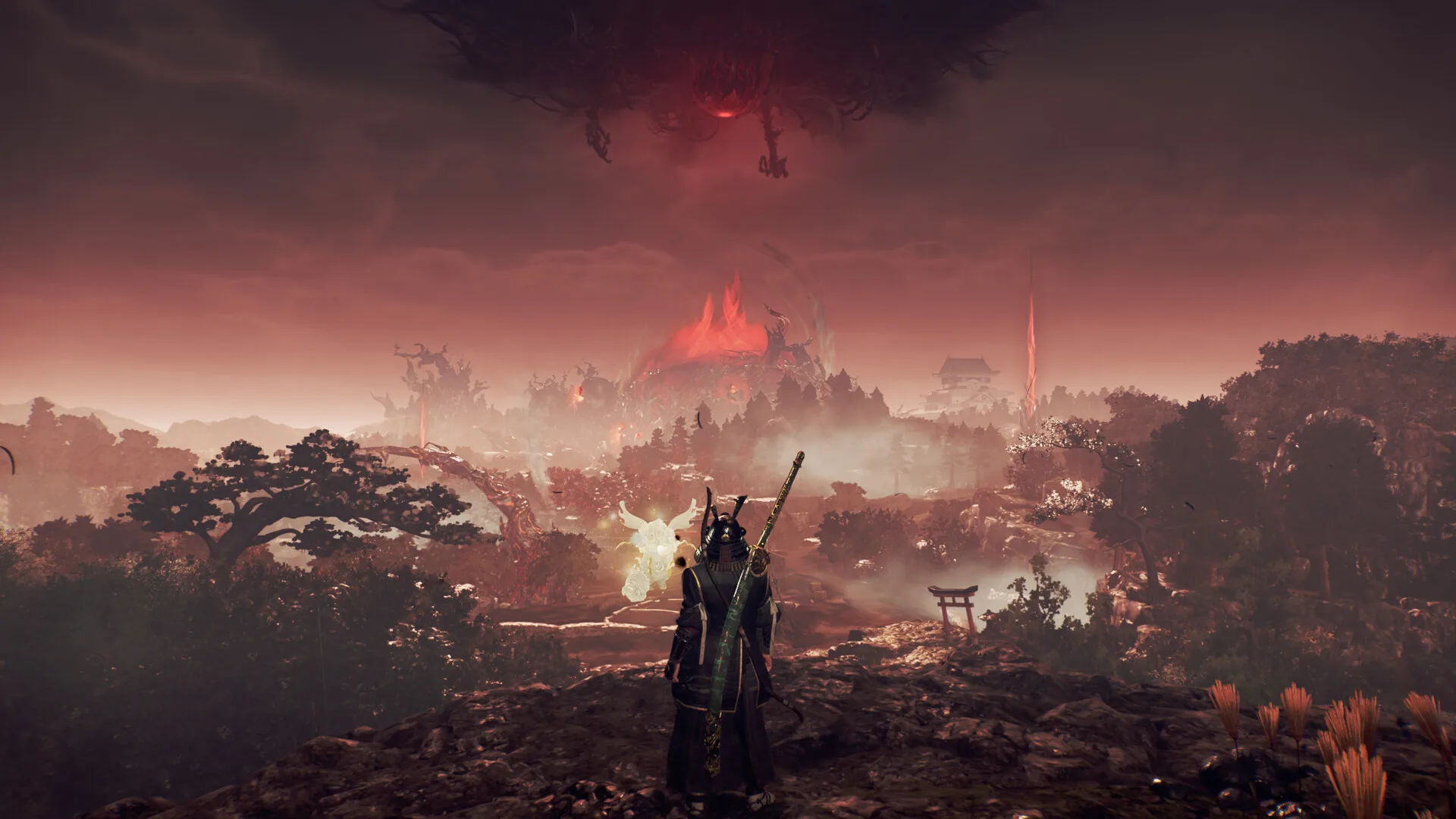 Player character in High Stance executing a powerful overhead strike against a large yokai enemy