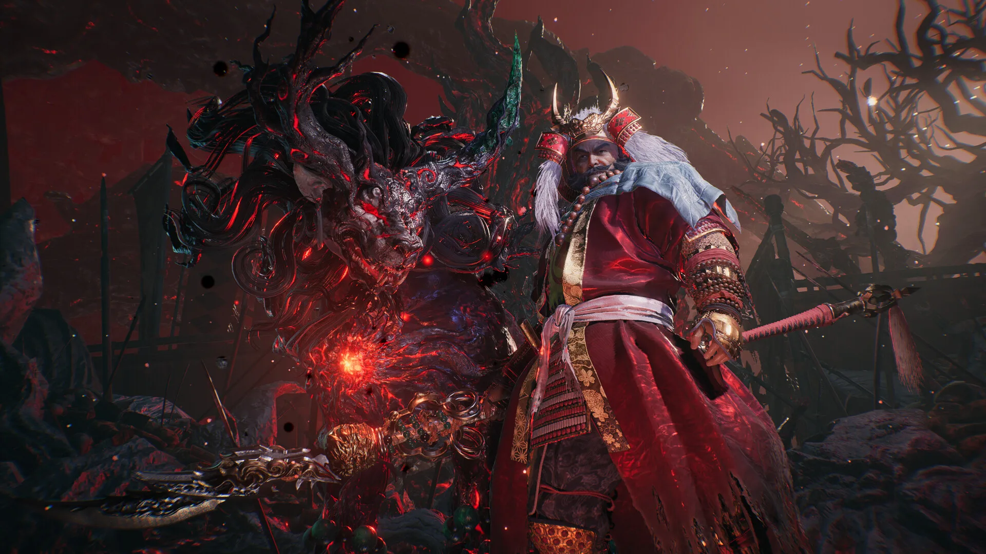 Expansive Sengoku-era Japanese castle district with multiple yokai patrolling misty streets