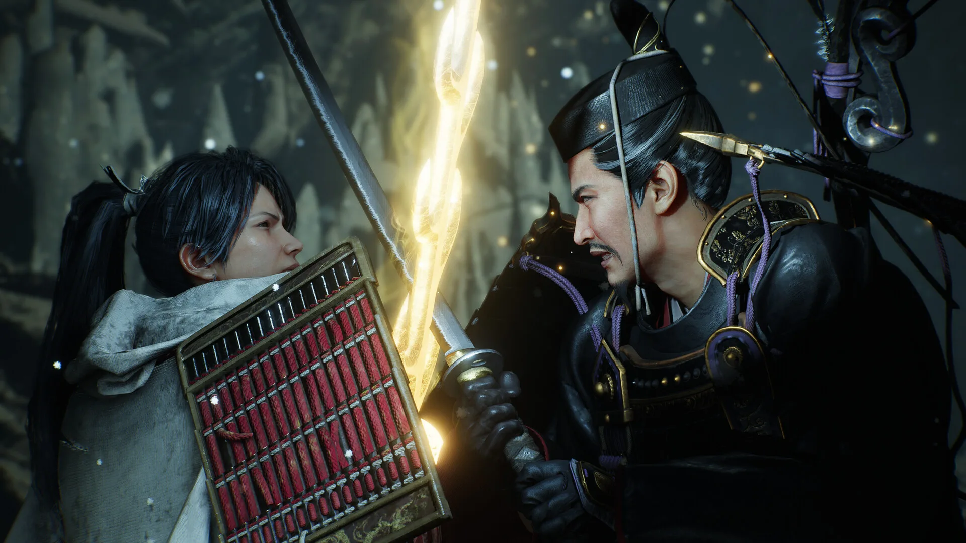 Co-op Expedition mode showing two players fighting a massive oni boss in a shrine courtyard
