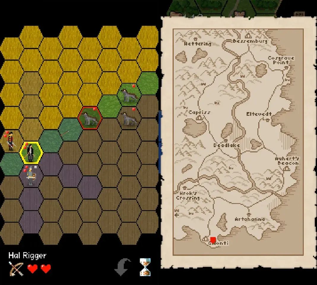 Overworld map with caravan moving between frontier settlements