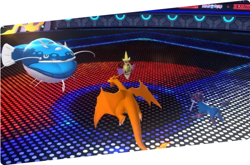 Pokemon Champions key art showing legendary Pokemon and trainer in stadium battle