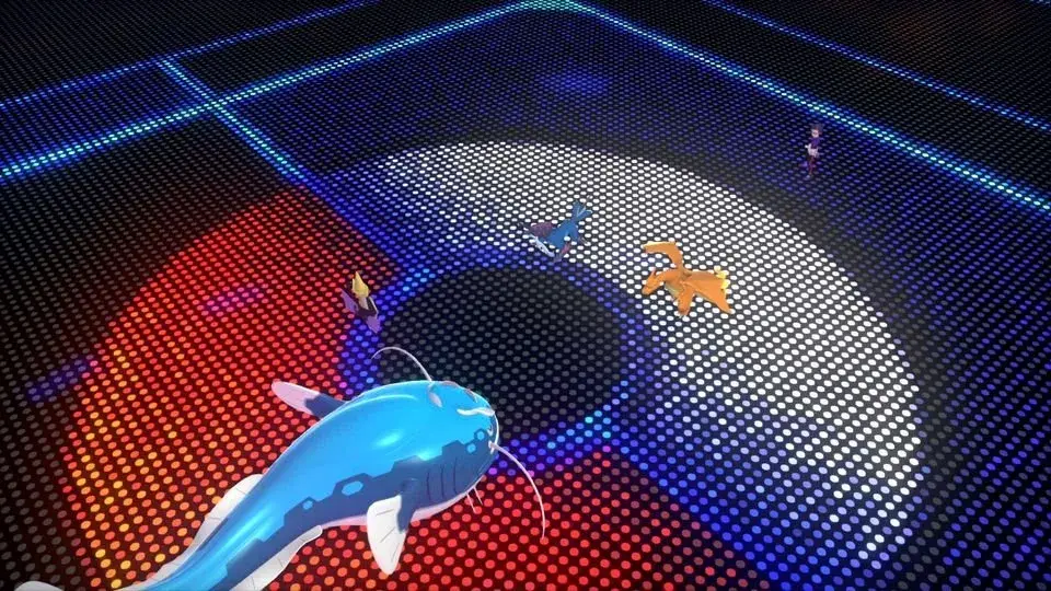 Stadium battle between Mewtwo and Zacian with a roaring crowd