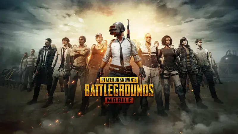 PUBG Mobile key art with squad of four soldiers parachuting onto Erangel
