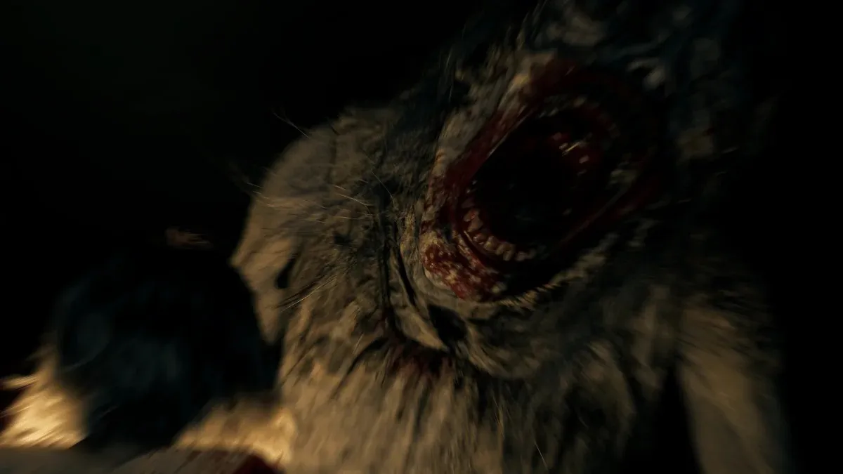 Over-the-shoulder view of a tense encounter with a mutated creature