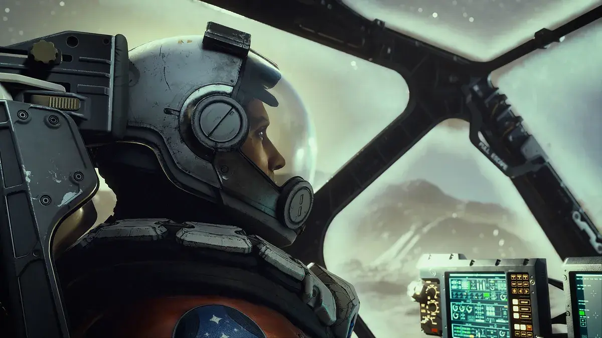 Starfield character on an alien planet surface with ship in background