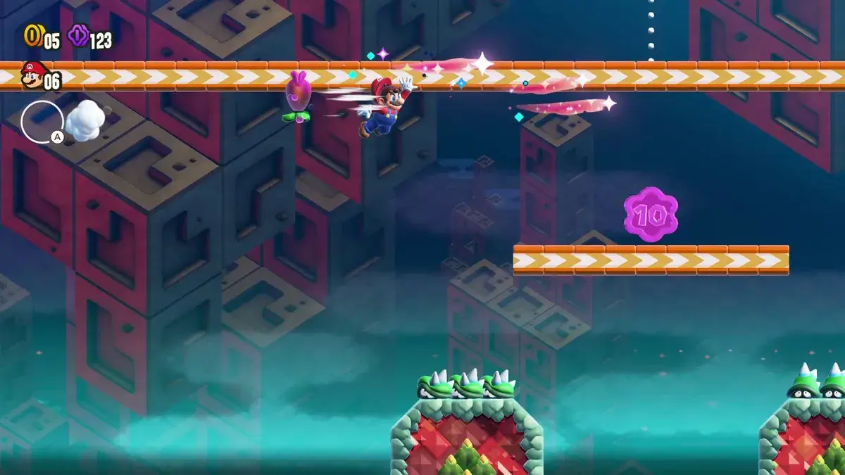 Mario using a Wonder Flower transforming the level into a surreal fever dream