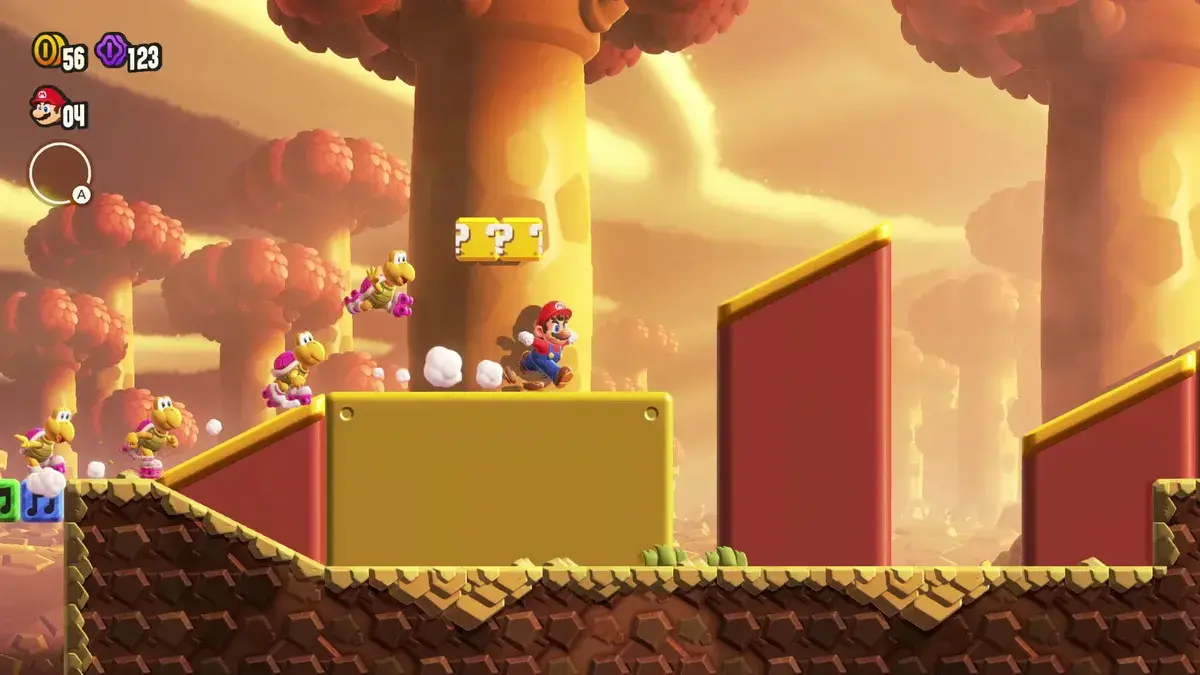 Multiplayer co-op with Mario, Luigi, Peach and Daisy on screen simultaneously