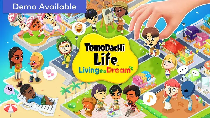 Tomodachi Life: Living the Dream key art with colorful Mii characters on an island