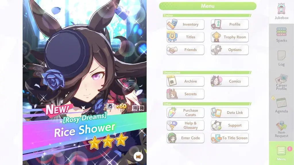 Training screen where you develop a horse girl's stats over a season